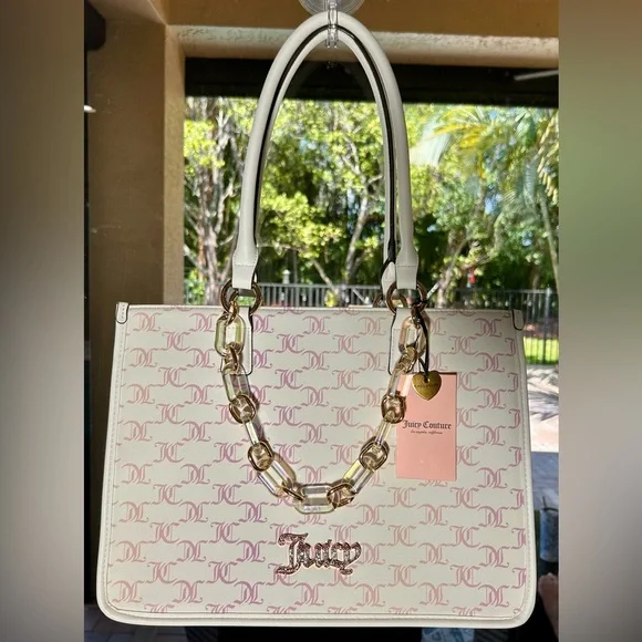 NWT Juicy Couture Bling Logo Tote Bag Pink White Chain Handle Purse HTF - Picture 4 of 14